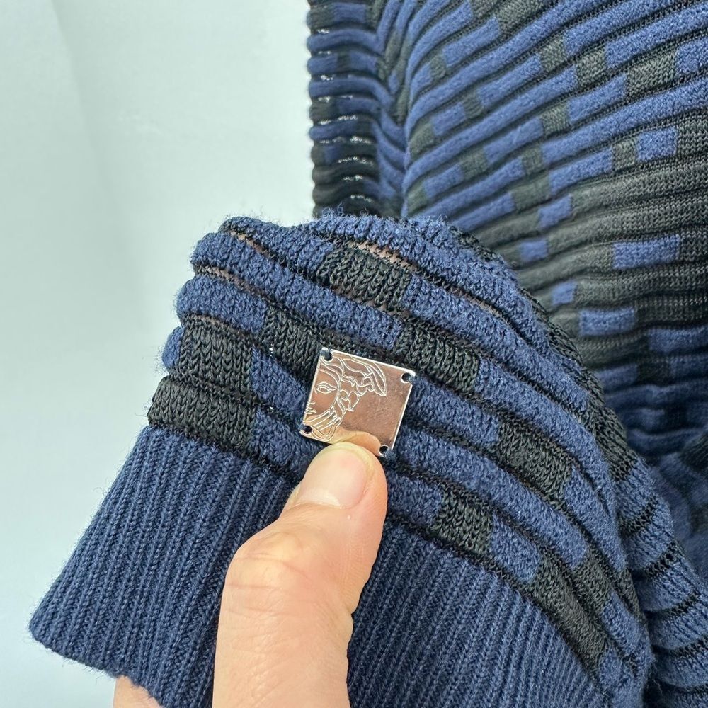Versace Collection Blue & Black Wool Blend Mesh Knit V-neck Sweater Size M - Picture 9 of 14